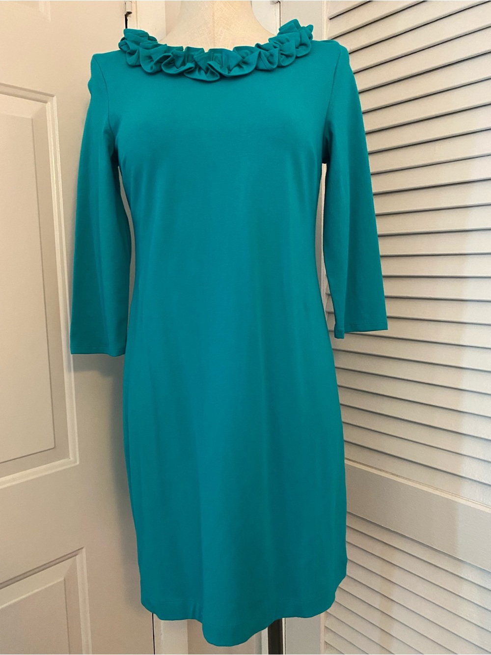 Green Teal “Talbots” Ruffle-Neck Mod Shift Dress- Size SP